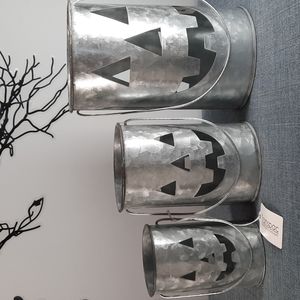 Jack O' Lantern Candle Lanterns Set Galvanized Hang Sit Indoor Outdoor Halloween